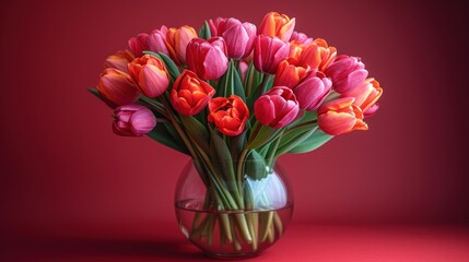  a vase filled with pink and orange tulips on top of a red tableclothed tablecloth and a red wall behind the vase is filled with pink and orange tulips and orange tulips.
