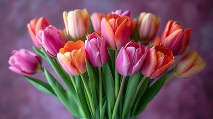  a bunch of pink and orange tulips in a vase on a purple background with a pink wall behind it and a purple wall behind the vase is filled with pink and orange tulips.