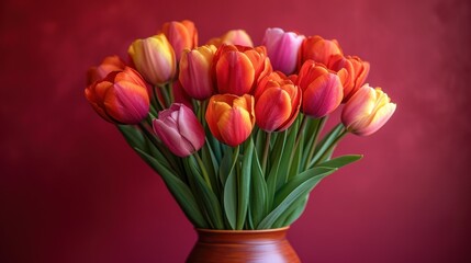 a vase filled with lots of colorful tulips on top of a wooden table next to a red wall and a red wall behind it is a bouquet of tulips of tulips.