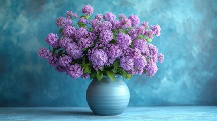  a blue vase filled with purple flowers on top of a blue table next to a blue and white wall and a blue wall behind the vase is filled with purple flowers.