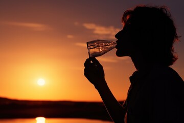 Silhouette of a person drinking water from a plastic bottle. Suitable for health and fitness-related concepts