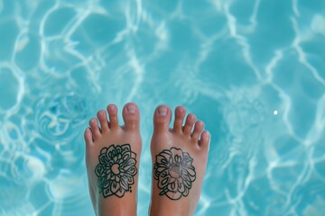 feet with a temporary waterproof tattoo, near pool water