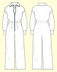 Ladies Wide Leg Jumpsuit with Zip Through Collar - Black and White Fashion Flat Sketch, Front and Back View