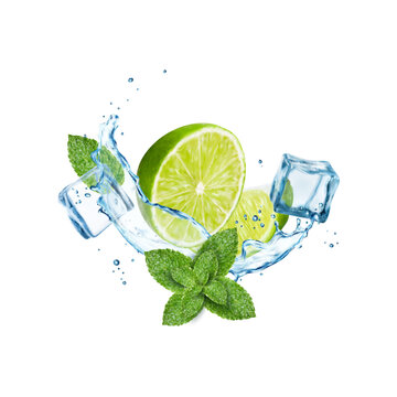 Mojito drink splash, ice cubes, lime fruit, mint leaves and realistic water wave with falling drops. Vector 3d lemon juice, green tea, soda or sparkling water cocktail, cool mojito with ice and mint