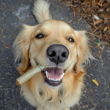 A majestic golden retriever confidently holds a marijuana joint in its mouth, embodying the rebellious and free-spirited nature of man's best friend