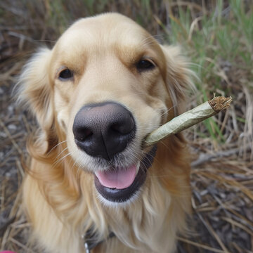 A playful golden retriever enjoys the outdoors with a brown marijuana bud in its mouth, showcasing the bond between man's best friend and the natural world