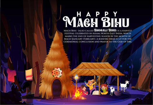 assamese Kids playing under bhela ghar or bihu ghor in magh bihu or bhogali bihu. There is also japi gamosa. bonfire night in assam at winter season or bihu season background.
