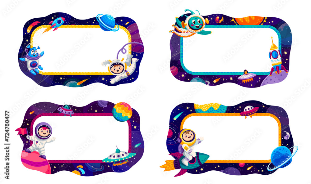 Poster Border frames with space planets, stars, spaceships and astronauts at starry galaxy. Vector spaceman kids and aliens characters with rocket and UFO in outer space cartoon frames set, astronomy