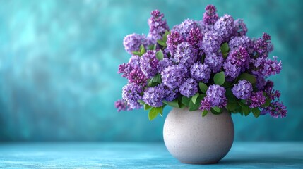  a white vase filled with purple flowers on top of a blue table cloth covered tablecloth and a blue wall behind the vase is a white vase with purple flowers in the center. - Powered by Adobe