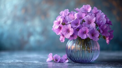  a vase filled with purple flowers sitting on top of a table next to a pile of purple flowers on top of a blue table cloth covered with a blurry background. - Powered by Adobe