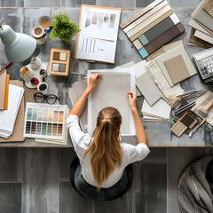 Overhead photo of woman interior designer working with material palette at her office.