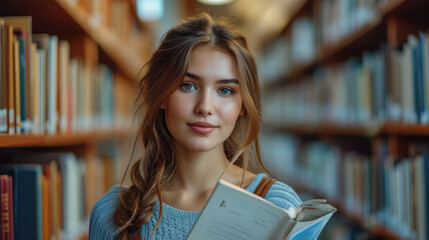 Student woman in university in library ready for learning, Education and happy female standing by bookshelf with book for studying, Knowledge. Generative AI.