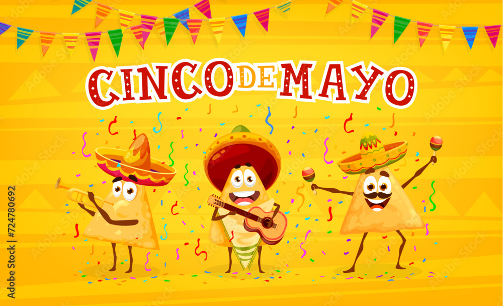 Wall mural mexican cinco de mayo banner. nachos chips musician characters. vector tex mex snack mariachi cartoo