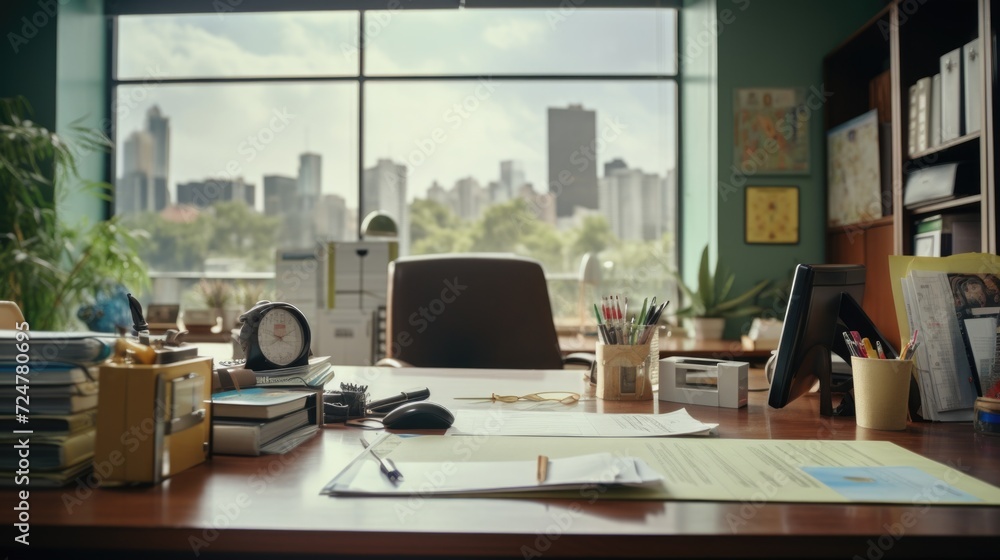 Poster a desk with a clock and various papers. suitable for business, time management, and organization con