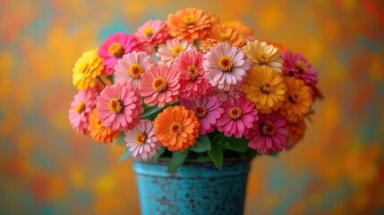  a blue vase filled with colorful flowers against a yellow and orange wall behind a blue and white vase with pink, orange, and yellow daisies in the center.