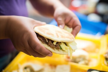 arepas being stuffed with cheese - obrazy, fototapety, plakaty