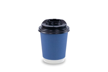 Empty paper cup for coffee made from biodegradable blue paper isolated on a white background with clipping path. Isolated object, template for advertising.