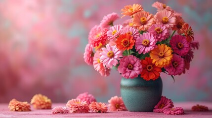  a green vase filled with lots of pink and orange flowers on a pink and blue surface with pink and orange flowers on the side of the vase and a pink background.