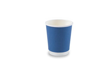 Empty paper cup for coffee made from biodegradable blue paper isolated on a white background with clipping path. Isolated object, template for advertising.