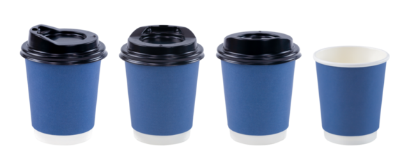 Group of Empty paper cup for coffee made from biodegradable blue paper isolated on a white background with clipping path. Isolated object, template for advertising.