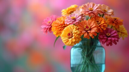  a vase filled with lots of colorful flowers on top of a pink and green tableclothed wall behind a glass vase filled with orange and pink and yellow flowers.