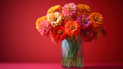  a vase filled with lots of colorful flowers on a pink tablecloth with a red wall behind the vase and a red wall behind the vase with a bunch of colorful flowers in it.