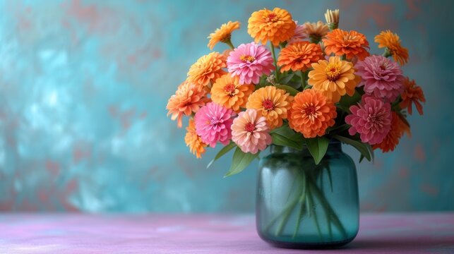  a vase filled with lots of orange and pink flowers on top of a purple and blue tableclothed tablecloth next to a blue and pink and blue wall.