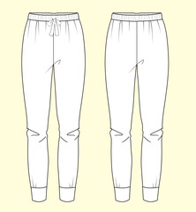 Ladies Nightwear Cuff Leggings Trouser with Tie - Black and White Outline Fashion Flat Sketch with Front and Back View.