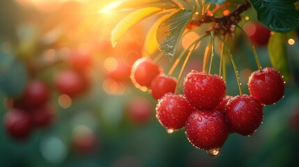  a bunch of berries hanging from a tree with water droplets on them and the sun shining through the leaves and the berries on the branch are covered in drops of dew.