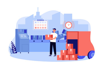 Worker hurry up to load many parcels in warehouse vector illustration. Calendar and clock as symbols of deadline to deliver goods on time. Delivery failures due to high workload concept 