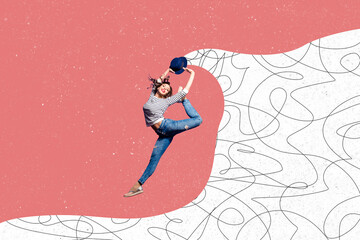 Creative photo collage young happy cheerful girl ballerina dancing aerobics hat cylinder joyful doodles drawing background