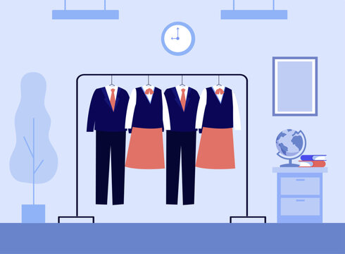 School uniform on hanger vector illustration. Books and globe on background. Schoolchildren must wear school uniforms concept