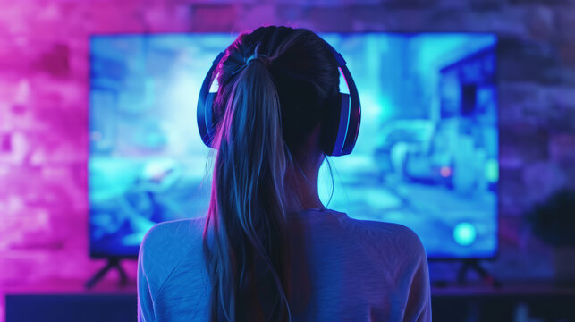 Girl in headphones plays a video game on the big TV screen. Back view
