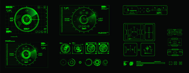 Interface with set homing targets, sights, radars. Interface device with system for finding and identifying objects on the map. Digital targets HUD sights. Green radar screen on black background