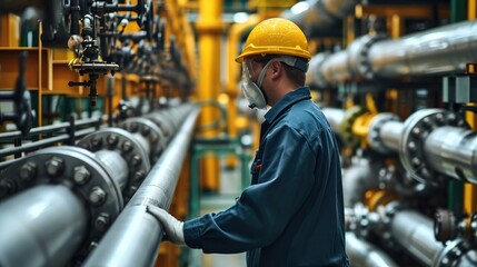 Engineer in oil blending factory, Inspection at steel long pipes and pipe elbow station oil at factory. Generative AI.