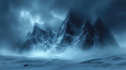 a mountain range covered in snow under a cloudy sky in the middle of a dark, foggy, foggy, and snow covered area with a few clouds.