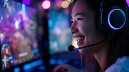 Happy girl live streaming a video game, sitting in front of a multi monitor with headset for...