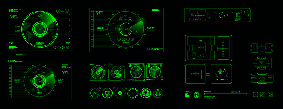 Interface with set homing targets, sights, radars. Interface device with system for finding and identifying objects on the map. Digital targets HUD sights. Green radar screen on black background