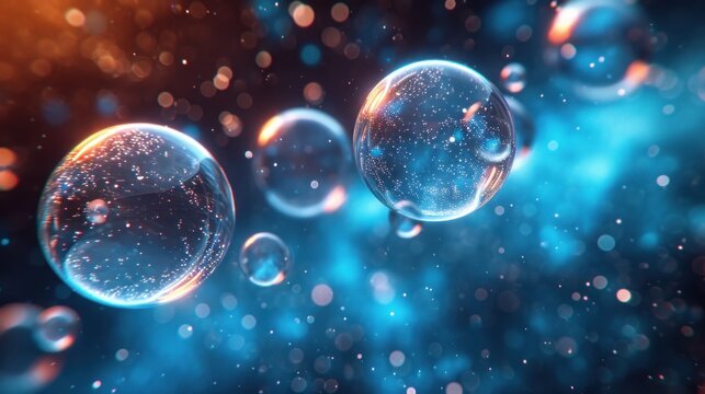  a group of soap bubbles floating on top of a blue and black background with bubbles floating on top of each other and bubbles floating on the bottom of the bubbles.