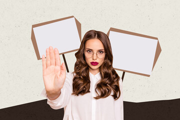Photo collage image young beautiful woman showing stop gesture signal sign protest demonstration...