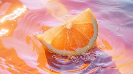  a slice of orange sitting on top of a body of water with a splash of water on the bottom of the slice and the top half of the orange in the water.