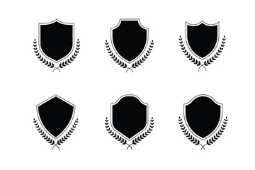 Fotobehang Medieval shields with laurel wreaths set. Trophy, awards, vintage insignia shields collection. Black color. Premium quality. Vector illustration isolated on white background © ProPakages