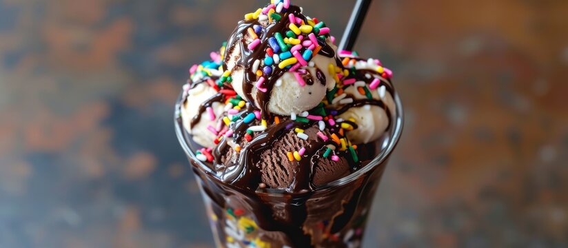 A Sundae Made Of Chocolate Ice Cream, Chocolate Syrup, And Rainbow Sprinkles.