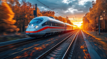  a white and red train traveling down train tracks next to a forest with trees in the foreground and a cloudy sky with sun coming through the top of the train. - obrazy, fototapety, plakaty