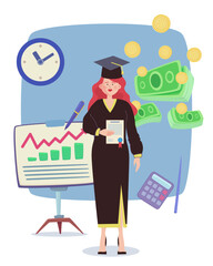 Woman in graduation cap and with diploma vector illustration. Flipchart with presentation, money, clock, pen on background. Womens education and literacy concept