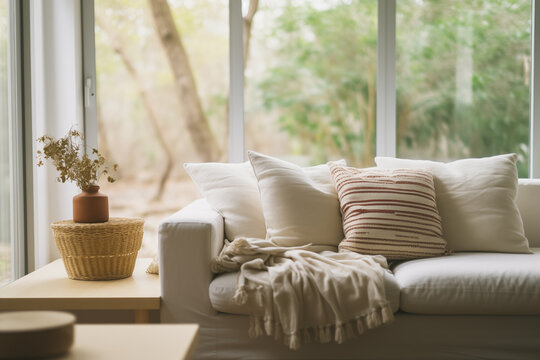 A cozy and stylish living room interior. Couch sofa with linen cushions in pastel neutral colors next to window with white curtains and streams of natural light creates a warm atmosphere