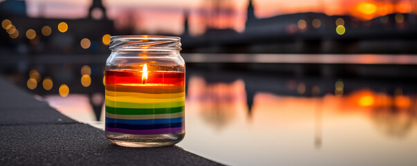 Burning rainbow candle at sunset in a beautifull riverside setting.
