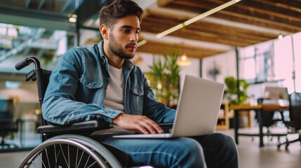 Portrait of disabled male office worker in a wheelchair looking at the screen of his laptop while performing in co-working space