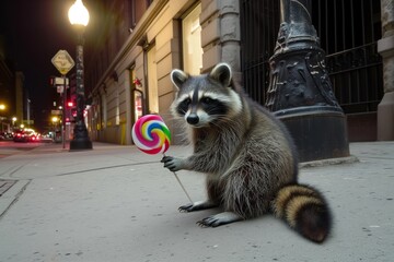 a raccoon on a city sidewalk holding a striped lollipop under a streetlamp