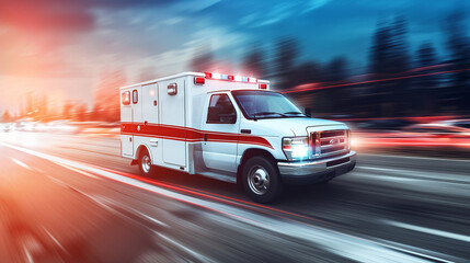 Quick response medical ambulance vehicle or truck speeding on the way for accident or health care emergency - obrazy, fototapety, plakaty